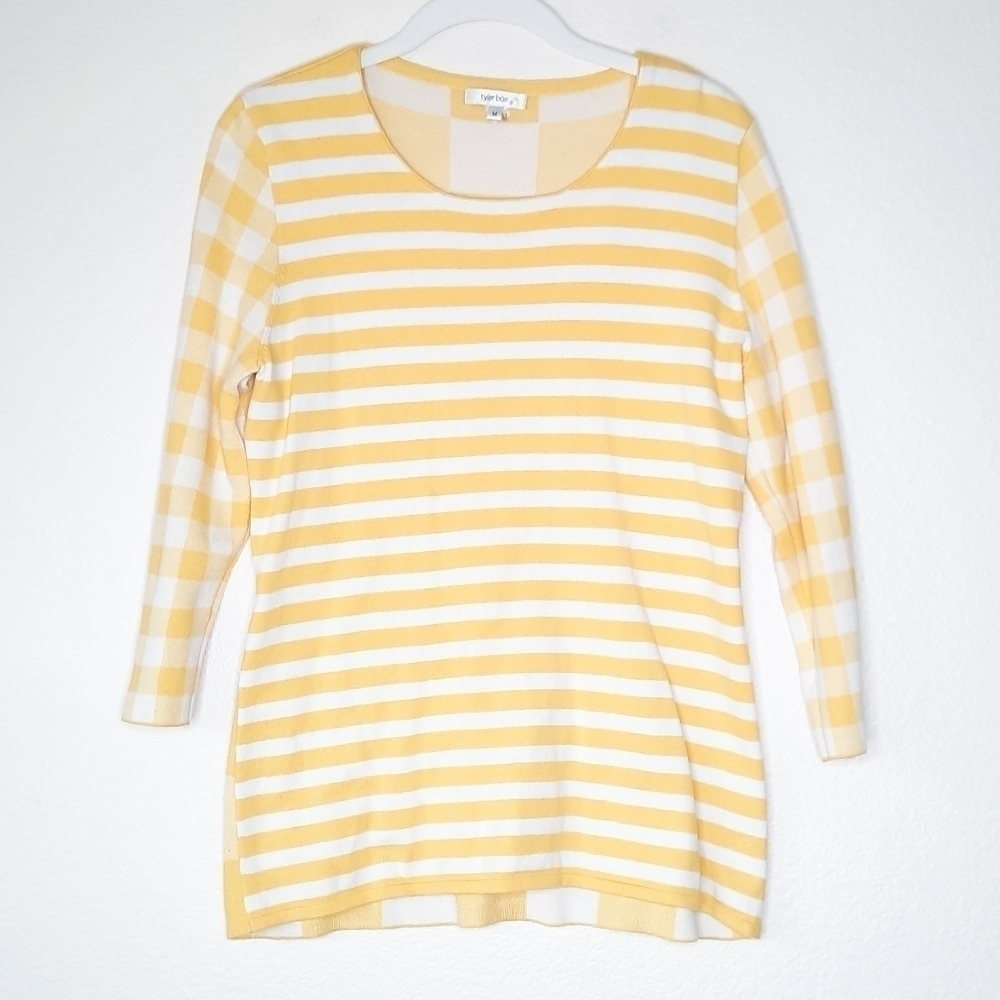 Tyler Boe Yellow Picnic Multi Striped Gingham Silk Bland Sweater M